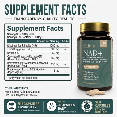 Otium NAD+ Supplement for Women & Men - 1000mg Nicotinamide Riboside with TMG, Resveratrol, Quercetin & Urolithin A | NAD Booster for Cellular Energy, Healthy Aging & Metabolism | 90 Vegan Capsules in Saudi Arabia