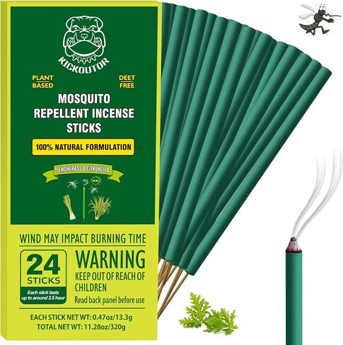 KICKOUTOR Mosquito Repellent Incense Sticks with Natural Citronella Oil, 24 Count DEET-Free Outdoor Protection for Patios, Backyard Gatherings & Camping, Up to 2.5-Hour Against Gnats & No-See-Ums in Saudi Arabia