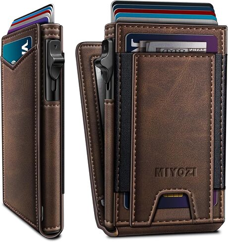 miyozi Wallet for Men, Slim Pop Up Card Holder - RFID Blocking Minimalist Bifold Wallet with ID Window, Holds 9-11 Cards & Stretchable Strap, Metal Flip Case with Magnetic Closure, Gift Box in Saudi Arabia