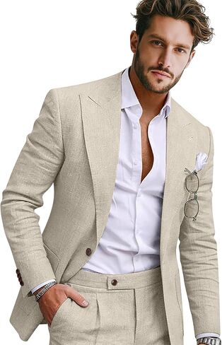 Men Linen Suit 2 Pieces Slim Fit 1 Button Peak Lapel Suit Blazer Pants Set Summer Beach Wedding Vacation Tuxedo Men in Saudi Arabia