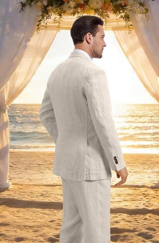 Men Linen Suit 2 Pieces Slim Fit 1 Button Peak Lapel Suit Blazer Pants Set Summer Beach Wedding Vacation Tuxedo Men in Saudi Arabia