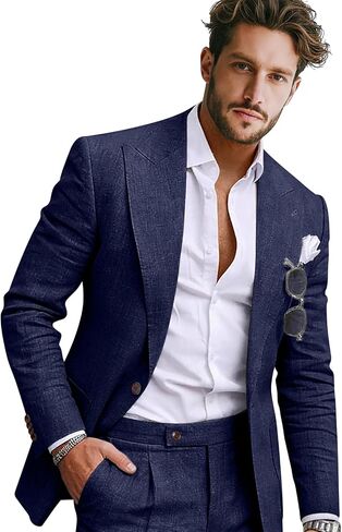 Men Linen Suit 2 Pieces Slim Fit 1 Button Peak Lapel Suit Blazer Pants Set Summer Beach Wedding Vacation Tuxedo Men in Saudi Arabia