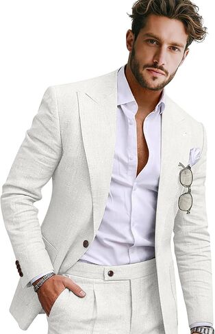 Men Linen Suit 2 Pieces Slim Fit 1 Button Peak Lapel Suit Blazer Pants Set Summer Beach Wedding Vacation Tuxedo Men in Saudi Arabia
