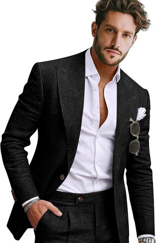 Men Linen Suit 2 Pieces Slim Fit 1 Button Peak Lapel Suit Blazer Pants Set Summer Beach Wedding Vacation Tuxedo Men in Saudi Arabia