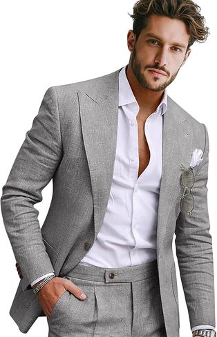 Men Linen Suit 2 Pieces Slim Fit 1 Button Peak Lapel Suit Blazer Pants Set Summer Beach Wedding Vacation Tuxedo Men in Saudi Arabia