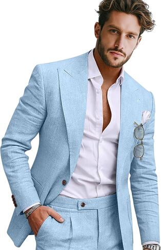 Men Linen Suit 2 Pieces Slim Fit 1 Button Peak Lapel Suit Blazer Pants Set Summer Beach Wedding Vacation Tuxedo Men in Saudi Arabia