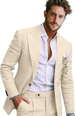 Men Linen Suit 2 Pieces Slim Fit 1 Button Peak Lapel Suit Blazer Pants Set Summer Beach Wedding Vacation Tuxedo Men in Saudi Arabia