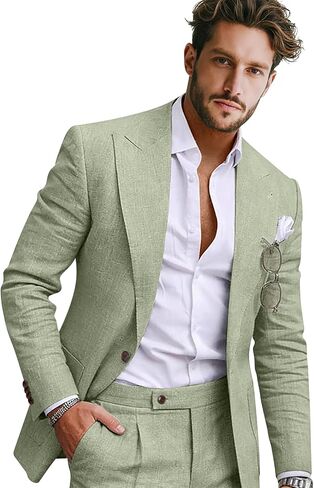 Men Linen Suit 2 Pieces Slim Fit 1 Button Peak Lapel Suit Blazer Pants Set Summer Beach Wedding Vacation Tuxedo Men in Saudi Arabia
