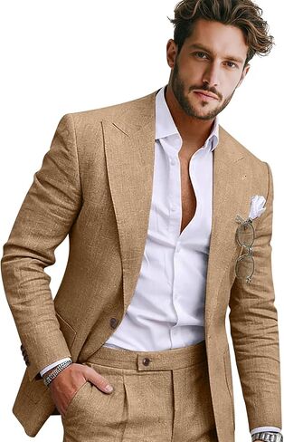 Men Linen Suit 2 Pieces Slim Fit 1 Button Peak Lapel Suit Blazer Pants Set Summer Beach Wedding Vacation Tuxedo Men in Saudi Arabia
