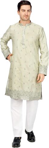 TRILOKI Men Kurta Set Semi Satin Mint Green Embroidered Sequined Ethnic Indian Traditional Wear in Saudi Arabia