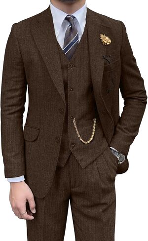 Retro Mens 3 Piece Suit Tweed Herringbone Slim Fit Suits Groomsmen Brown Tuxedos Set Prom Jacket Blazer Vest Pants for Men in Saudi Arabia