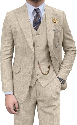 Retro Mens 3 Piece Suit Tweed Herringbone Slim Fit Suits Groomsmen Brown Tuxedos Set Prom Jacket Blazer Vest Pants for Men in Saudi Arabia