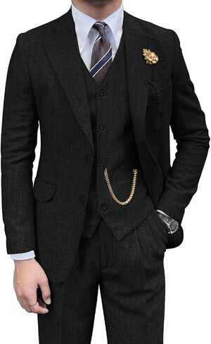 Retro Mens 3 Piece Suit Tweed Herringbone Slim Fit Suits Groomsmen Brown Tuxedos Set Prom Jacket Blazer Vest Pants for Men in Saudi Arabia