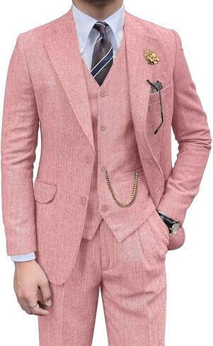 Retro Mens 3 Piece Suit Tweed Herringbone Slim Fit Suits Groomsmen Brown Tuxedos Set Prom Jacket Blazer Vest Pants for Men in Saudi Arabia