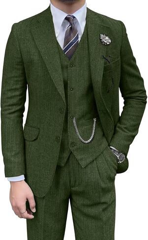 Retro Mens 3 Piece Suit Tweed Herringbone Slim Fit Suits Groomsmen Brown Tuxedos Set Prom Jacket Blazer Vest Pants for Men in Saudi Arabia
