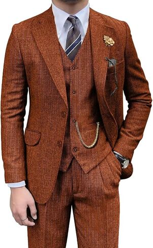 Retro Mens 3 Piece Suit Tweed Herringbone Slim Fit Suits Groomsmen Brown Tuxedos Set Prom Jacket Blazer Vest Pants for Men in Saudi Arabia