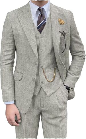 Retro Mens 3 Piece Suit Tweed Herringbone Slim Fit Suits Groomsmen Brown Tuxedos Set Prom Jacket Blazer Vest Pants for Men in Saudi Arabia