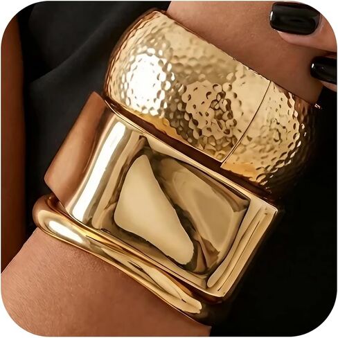 3Pcs Chunky Gold Bangle Bracelets Set for Women, 14K Gold Plated Stackable Statement Cuff Bangles - Minimalist Elegant Trendy Irregular Wide Jewelry Gift in Saudi Arabia