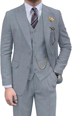 Retro Mens 3 Piece Suit Tweed Herringbone Slim Fit Suits Groomsmen Brown Tuxedos Set Prom Jacket Blazer Vest Pants for Men in Saudi Arabia