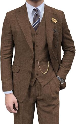 Retro Mens 3 Piece Suit Tweed Herringbone Slim Fit Suits Groomsmen Brown Tuxedos Set Prom Jacket Blazer Vest Pants for Men in Saudi Arabia