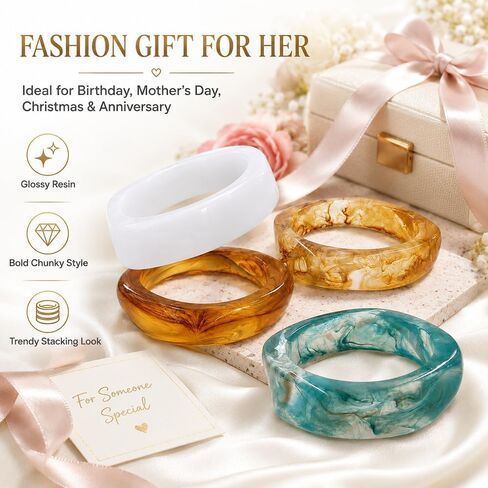 4PCS Chunky Acrylic Bangles for Women, Colorful Resin Bangle Bracelets Set, Wide Geometric Statement Stacking Bracelet, Fashion Jewelry Gift for Birthday Mom Women in Saudi Arabia