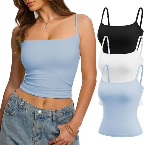 3 Pack Double Lined Tank Tops for Women Square Neck Basic Fitted Going Out Tops Spaghetti Strap Summer Y2K Cami in Saudi Arabia