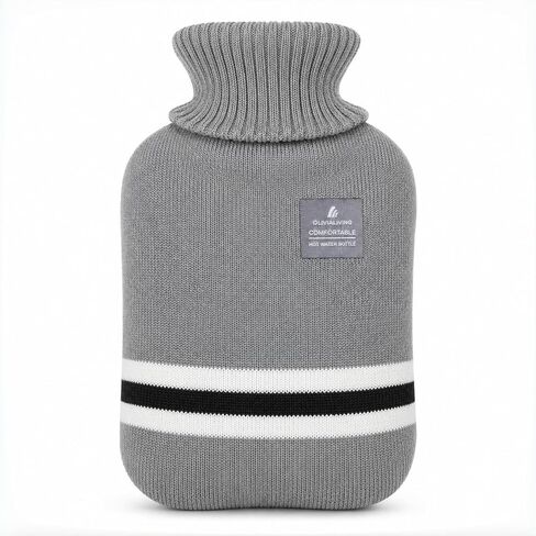 1L Hot Water Bottle with Striped Knit Cover, Odorless PVC Small Hot Water Bag for Period Cramps Relief, Neck & Muscle Pain, Safe Bed Warmer, BS1970:2012 Certified in Saudi Arabia