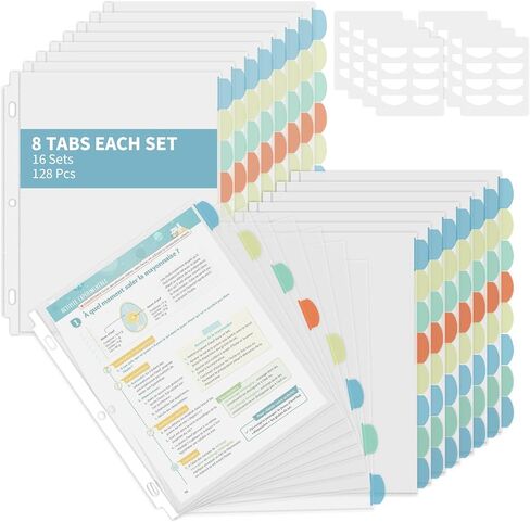 Binditek 16 Pack Heavyduty Clear Sheet Protectors with 8 Tabs, Sturdy Binder Sheet Protectors for 3 Ring Binder Letter Size, Multicolor Tabs, 8.5 x 11 Inches, Polypropylene, 2 Set, Label Sticker in Saudi Arabia