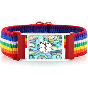 Customizable Medical ID Bracelets for Women & Men, Elastic Medical Alert Bracelets with Free Engraving, Stainless Steel ID Tag Inlaid with Shells & Acrylic Plate, 5.5-8.5 Inches Adjustable in Saudi Arabia