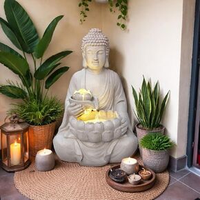 G-LEAF Buddha Water Fountain with LED Light, 28.8 inch Outdoor Indoor Zen Meditation Fountain with Lotus Bowl, Lighted Tabletop Floor Water Feature for Home, Garden, Patio Decor in Saudi Arabia