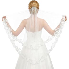Nogeqi Wedding Veils for Brides, White Lace Veil with Comb for Women, Elegant Lace Applique Edge Bridal Veils for Wedding, Bachelorette Party, Bridal Shower in Kuwait