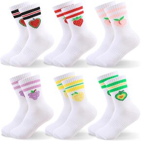 6 Pairs Girls Athletic Cotton Socks Heart Crew Socks Girls Kids Cute Fruits Pattern Striped Cotton Breathable in Kuwait