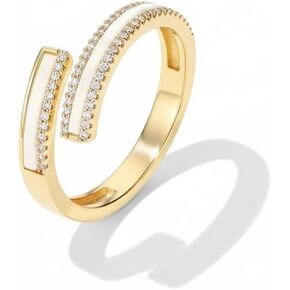 Gold Plated Adjustable Open Wrap Ring, Cubic Zirconia & Mother of Pearl Inlay Minimalist Geometric Statement Ring, Stackable Fashion Jewelry Gift for Women in Saudi Arabia