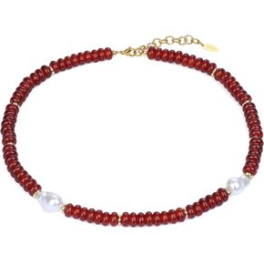 SAMYA Beaded Necklace for Women with Natural Gemstone & Baroque Pearl, Adjustable 16.5"+2" Layering Necklace, Boho Summer Beach Jewelry in Saudi Arabia