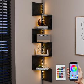 HAAYOT Corner Shelf Wall Mounted: 5-Tier Floating Shelves with Lights for Living Room, Bedroom, Home Office, Rustic Brown in Saudi Arabia