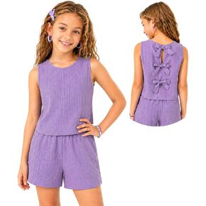 Azmxynol Tween Girls Casual Textured Fabric Bow Back Camisole Top And Shorts Set, Size 7-13 Years in Saudi Arabia