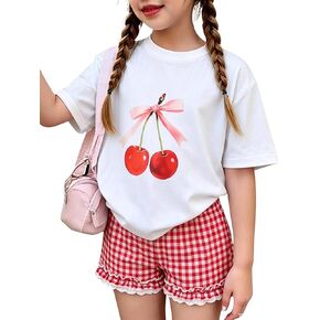 KIDLAGA Girls Shorts Sets 2 Pieces Outfits Bow/Cherry T-Shirt & Plaid Shorts Girls Summer Short Set 6-14Y in Saudi Arabia