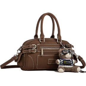 Women's Retro Motorcycle Boston Bag Shoulder Handbag with Multi-Pocket Organizer, Large Capacity Tote Purse with Bear Charm in Saudi Arabia