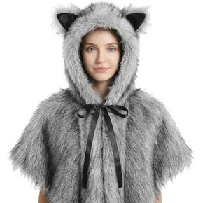HAOAN Faux Fur Hooded Shawl Furry Winter Warmer Wraps for Themed Party Photo Prop Halloween Costume Accessory in Saudi Arabia