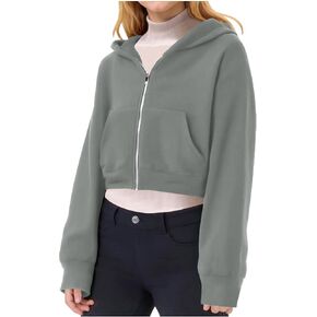 Girls Cropped Zip Up Hoodie Long Sleeve Y2K Hooded Sweatshirt Drop Shoulder Casual Pockets Solid Color Crop Jackets in Saudi Arabia