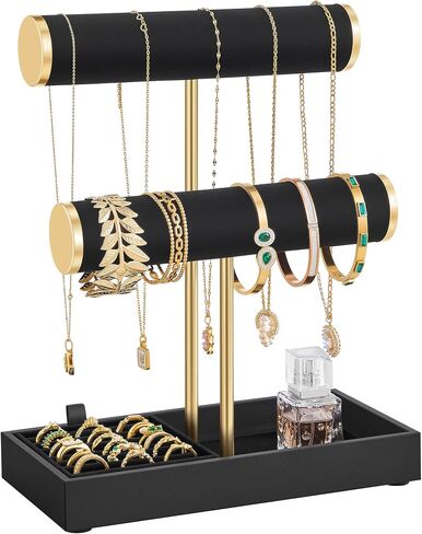 SONGMICS Bracelet Holder Stand, Jewelry Display Stand, Jewelry Organizer, with 2 Tiers and Velvet Tray, Removable Ring Holder, Cream White and Pale Gold UJJS039W101 in Kuwait