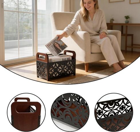 Magazine Holder Floor, Magazine Holder – Wooden & Metal Decorative Magazines Rack, Freestanding Newspaper & Book Storage Organizer for Living Room, Bedroom, and Office in Saudi Arabia