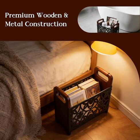 Magazine Holder Floor, Magazine Holder – Wooden & Metal Decorative Magazines Rack, Freestanding Newspaper & Book Storage Organizer for Living Room, Bedroom, and Office in Saudi Arabia