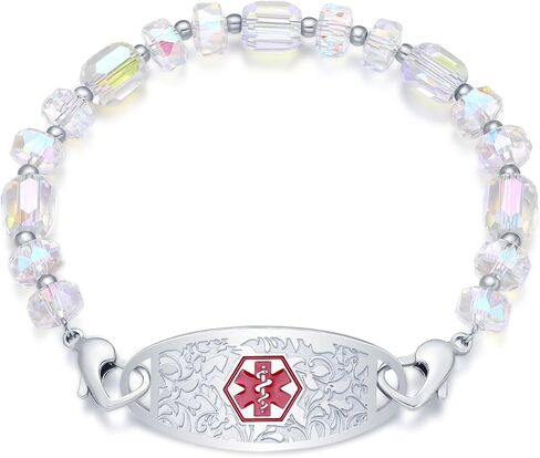 Medical Alert Bracelets for Women Free Engraving Personalized Medical ID Bracelets Interchangeable Stainless Steel ID Tag with Crystal Beads, 5.5-8.5 Inches Options in Saudi Arabia