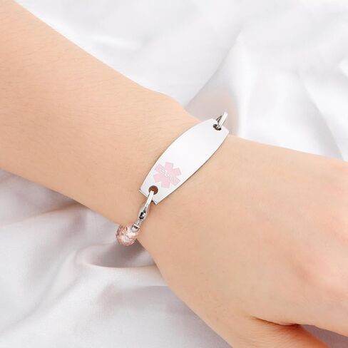Medical Alert Bracelets for Women Free Engraving Personalized Medical ID Bracelets Interchangeable Stainless Steel ID Tag with Crystal Beads, 5.5-8.5 Inches Options in Saudi Arabia