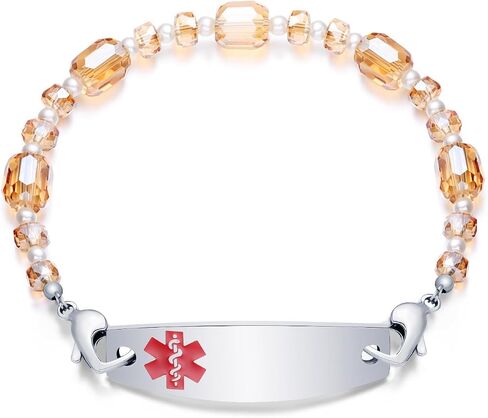 Medical Alert Bracelets for Women Free Engraving Personalized Medical ID Bracelets Interchangeable Stainless Steel ID Tag with Crystal Beads, 5.5-8.5 Inches Options in Saudi Arabia
