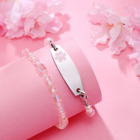 Medical Alert Bracelets for Women Free Engraving Personalized Medical ID Bracelets Interchangeable Stainless Steel ID Tag with Crystal Beads, 5.5-8.5 Inches Options in Saudi Arabia