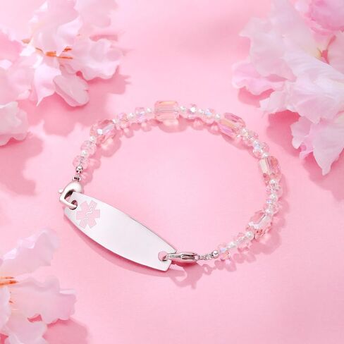 Medical Alert Bracelets for Women Free Engraving Personalized Medical ID Bracelets Interchangeable Stainless Steel ID Tag with Crystal Beads, 5.5-8.5 Inches Options in Saudi Arabia