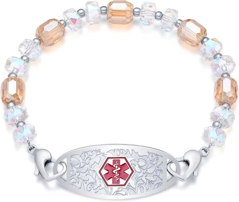 Medical Alert Bracelets for Women Free Engraving Personalized Medical ID Bracelets Interchangeable Stainless Steel ID Tag with Crystal Beads, 5.5-8.5 Inches Options in Saudi Arabia