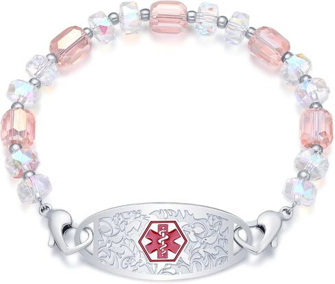 Medical Alert Bracelets for Women Free Engraving Personalized Medical ID Bracelets Interchangeable Stainless Steel ID Tag with Crystal Beads, 5.5-8.5 Inches Options in Saudi Arabia